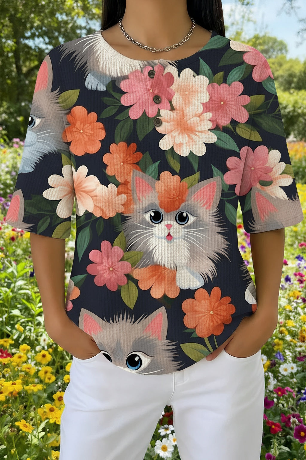 Floral Cat Print Round Neck Henley Top