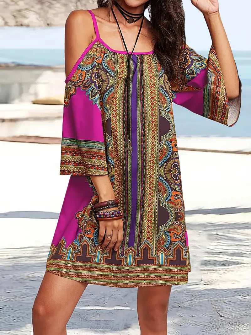 Cold Shoulder Spaghetti Strap Bell Sleeve Shift Mini Summer Dress - View 2