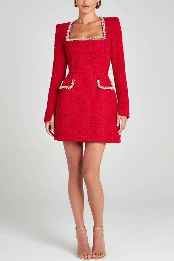 Tweed Square Neck Pearl Trim Long Sleeve Pocket Mini Dress - View 6