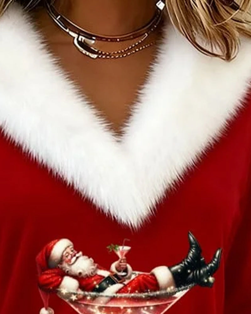 Faux Fur Trim V-Neck Santa Print Long Sleeve Holiday Top 6