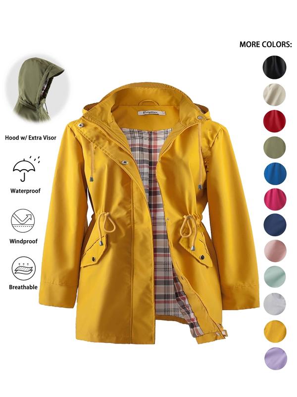 Hooded Zip Front Drawstring Waist Rain Jacket 11
