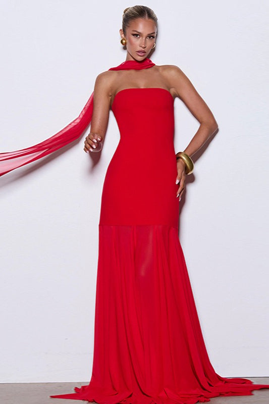 Strapless Scarf Neck Mesh Hem Mermaid Maxi Dress - View 3