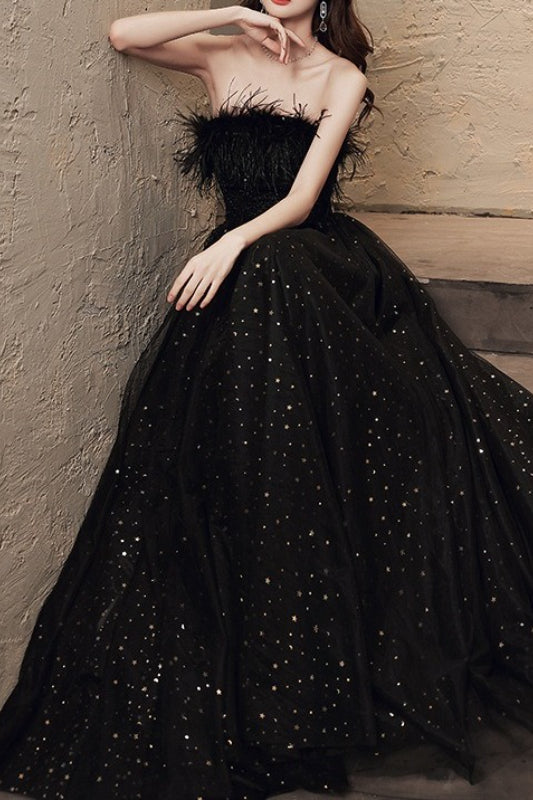 Strapless Feather Trim Glitter Tulle A-Line Prom Gown - View 2