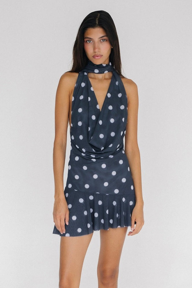 Halter Backless Mesh Mini Dress in Blue