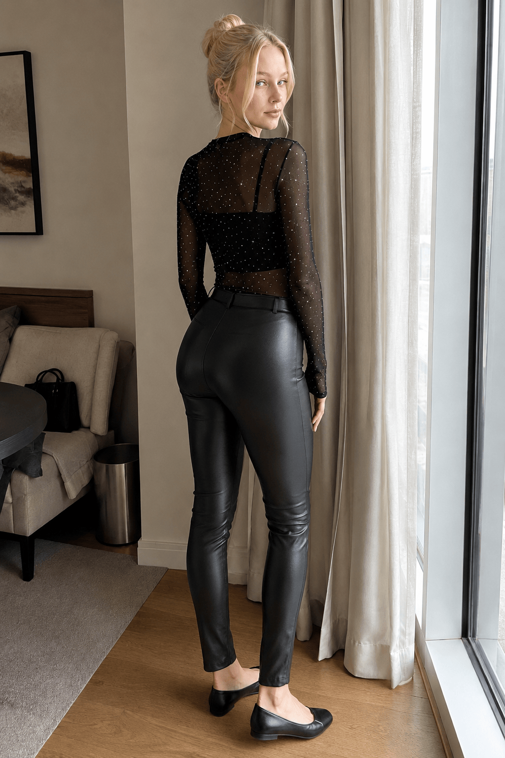 Crew Neck Long Sleeve Rhinestone Sheer Mesh Top 3