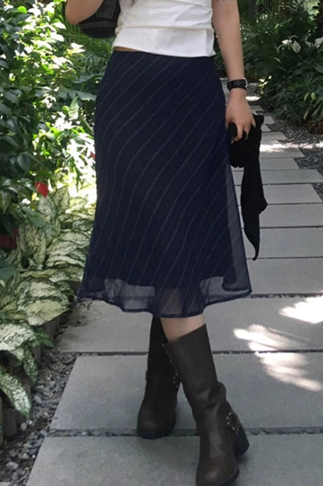 Stripe Print Sheer Mesh Knit Midi Skirt