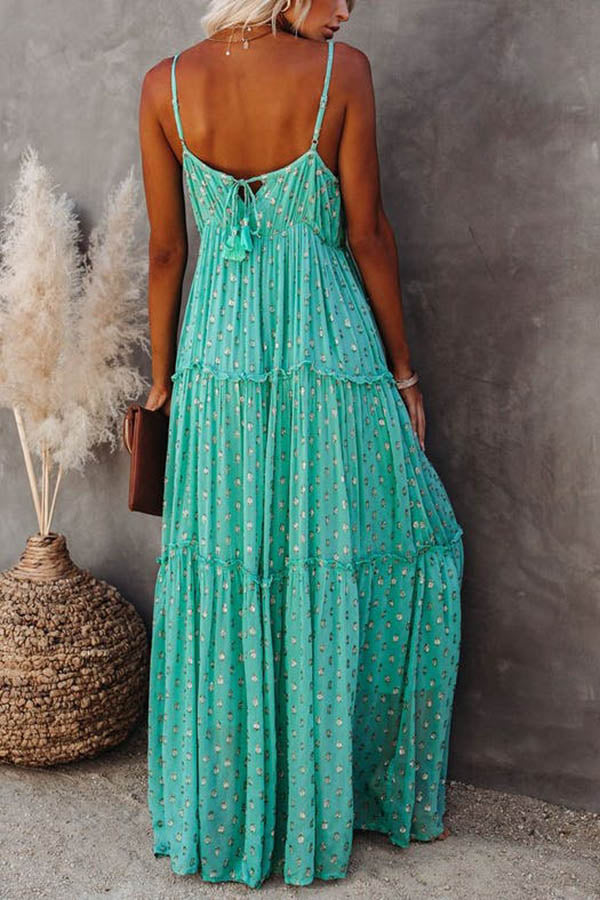 Metallic Dot V-Neck Spaghetti Strap Tiered Maxi Dress 5
