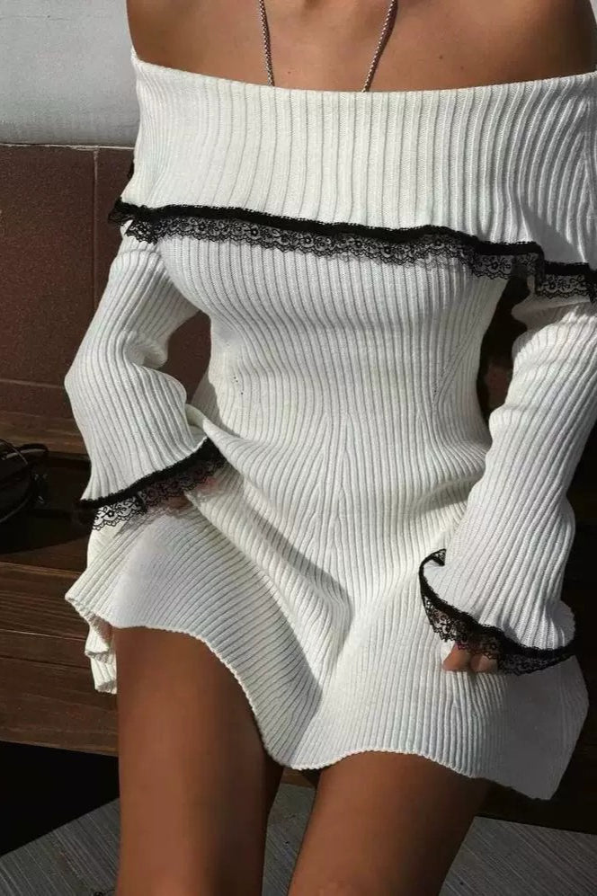 Lace-Trimmed Knit Off-Shoulder Mini Sweater Dress