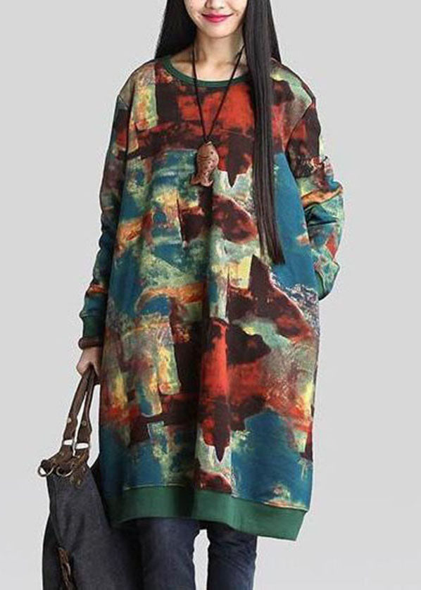 Abstract Print Round Neck Long Sleeve Ribbed Cuff Pocket Dress - View 3