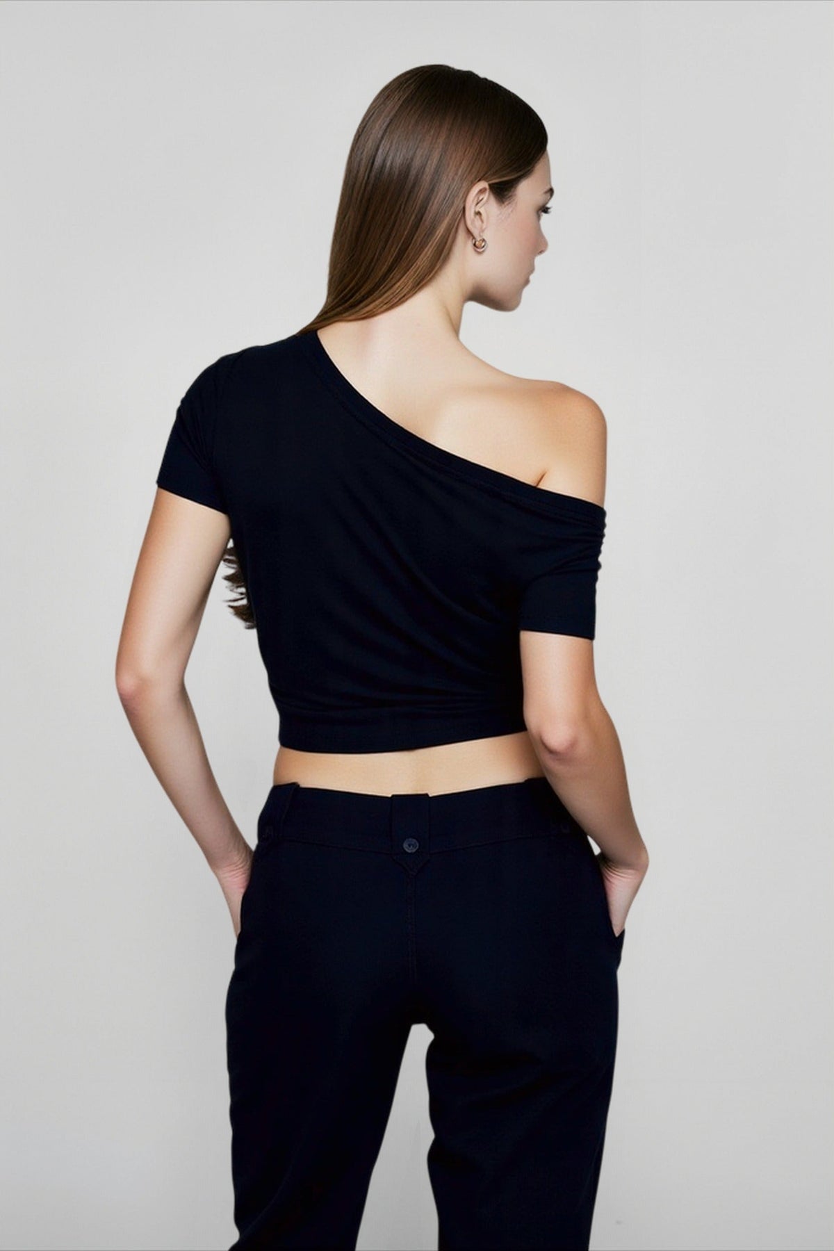 Off Shoulder Short Sleeve Button Trim Crop Top 6