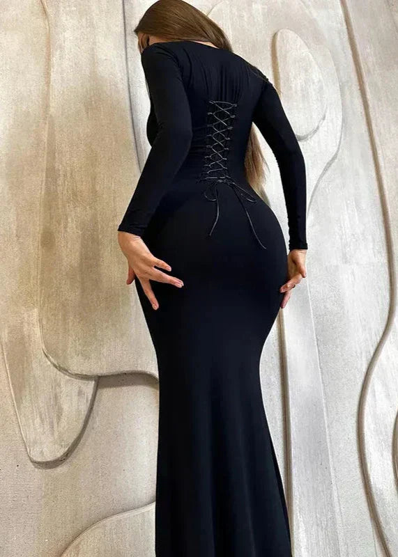 Black Slim-Fit Lace-Up Backless Long-Sleeve Dress - View 5