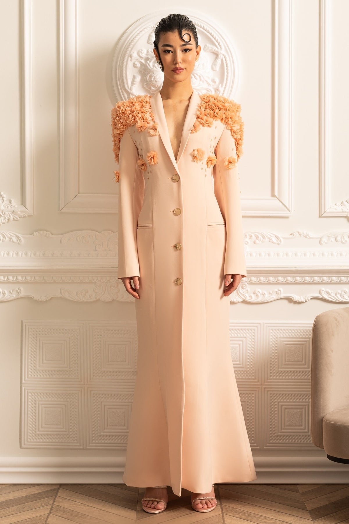 3D Floral Shoulder Notched Lapel Metallic Button Blazer Gown