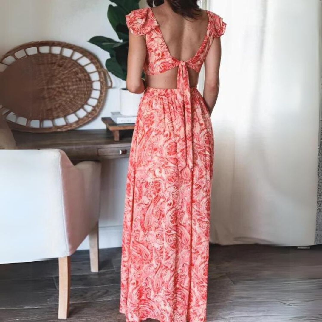Paisley Print Deep V-Neck Flutter Sleeve Cut Out Maxi Dress - View 3
