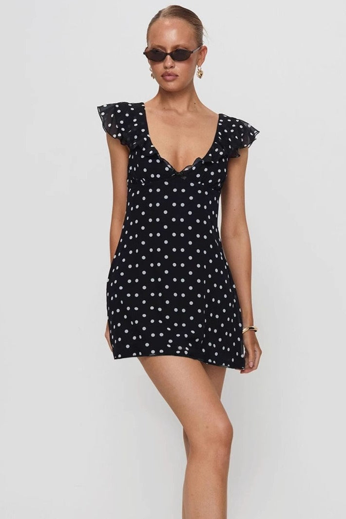 Polka Dot Mesh A-Line Mini Dress in Black - View 2