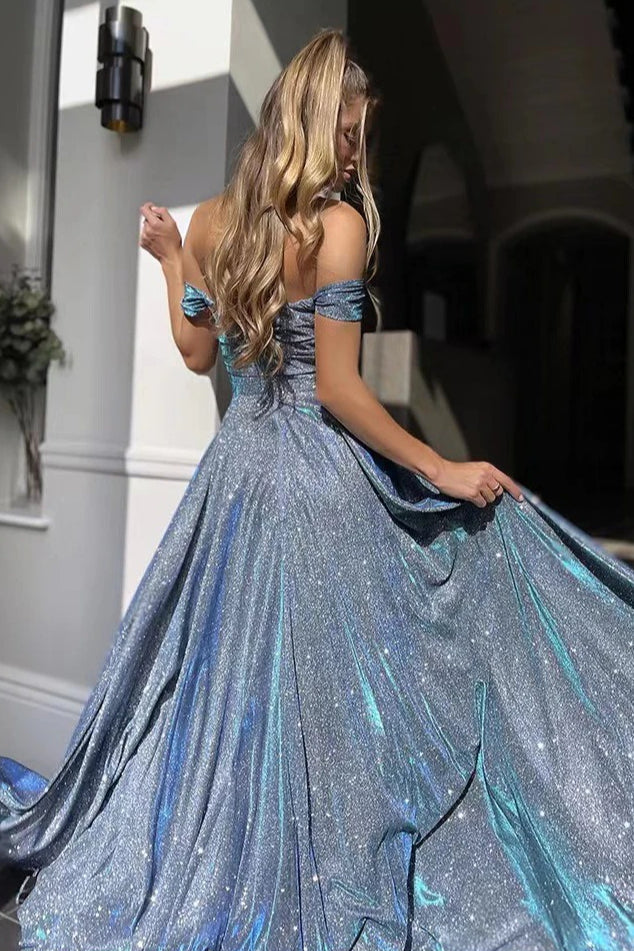 Glitter Off Shoulder V-Neck High Split Maxi Gown 2