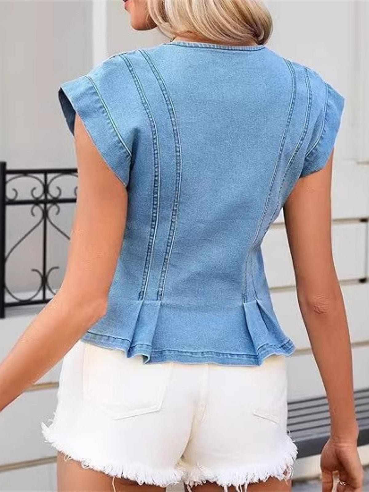 V-Neck Button Front Denim Peplum Vest Top 4