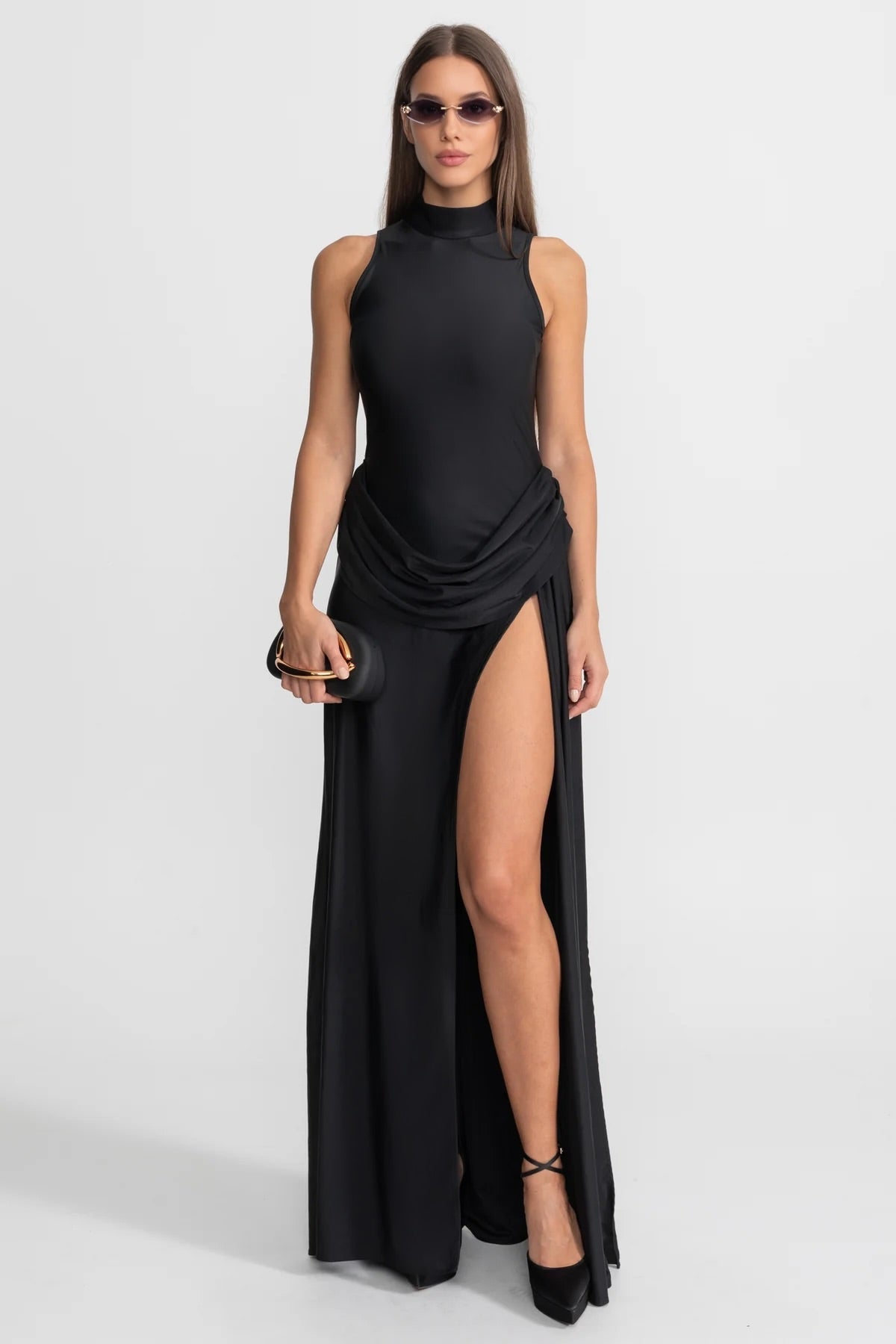 Ruched Waist High Split Maxi Gown Sleeveless Mock Neck