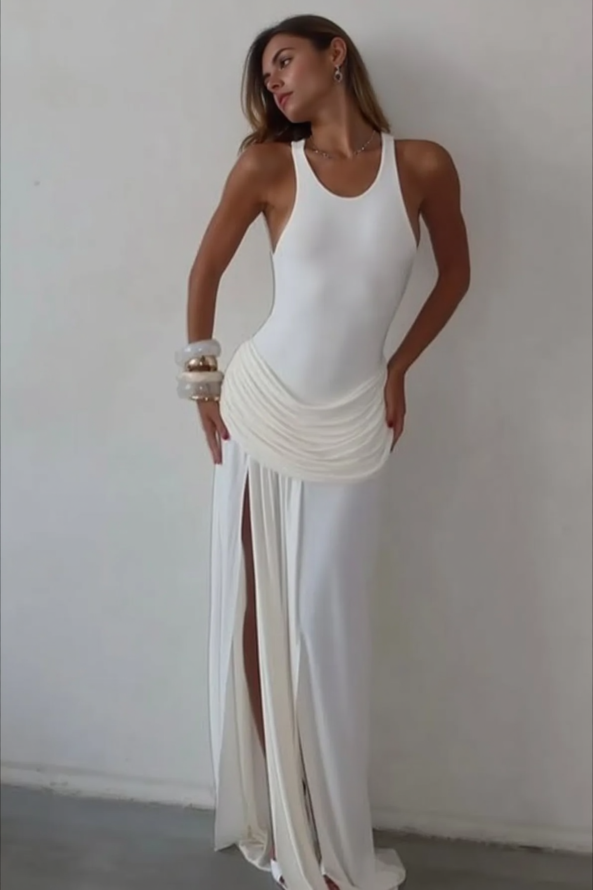 Solid Fitted High Slit Ruched Sleeveless Party Dress