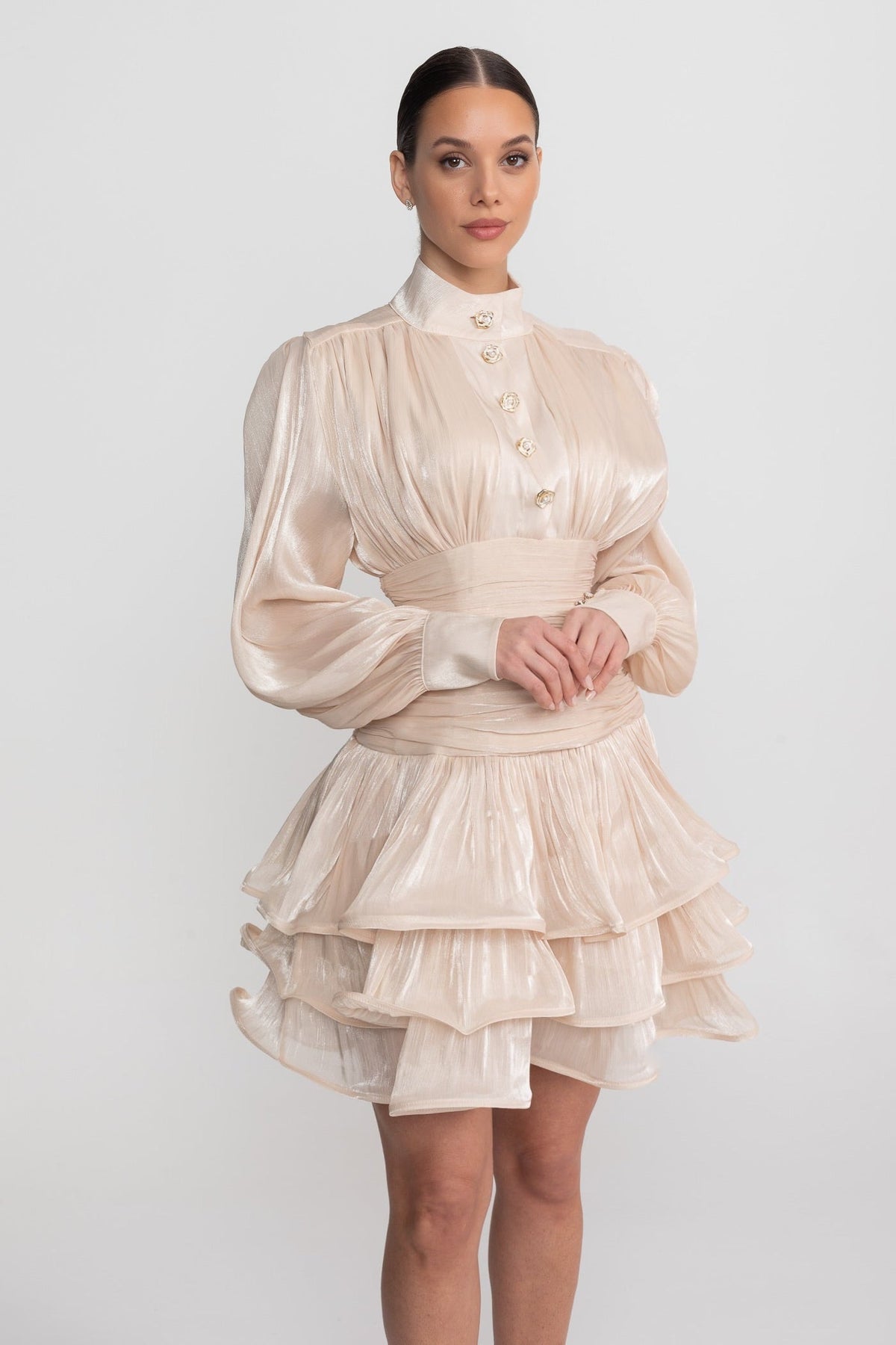 Draped Long Sleeve Mini Dress With Tiered Ruffle Skirt - Champagne - View 2