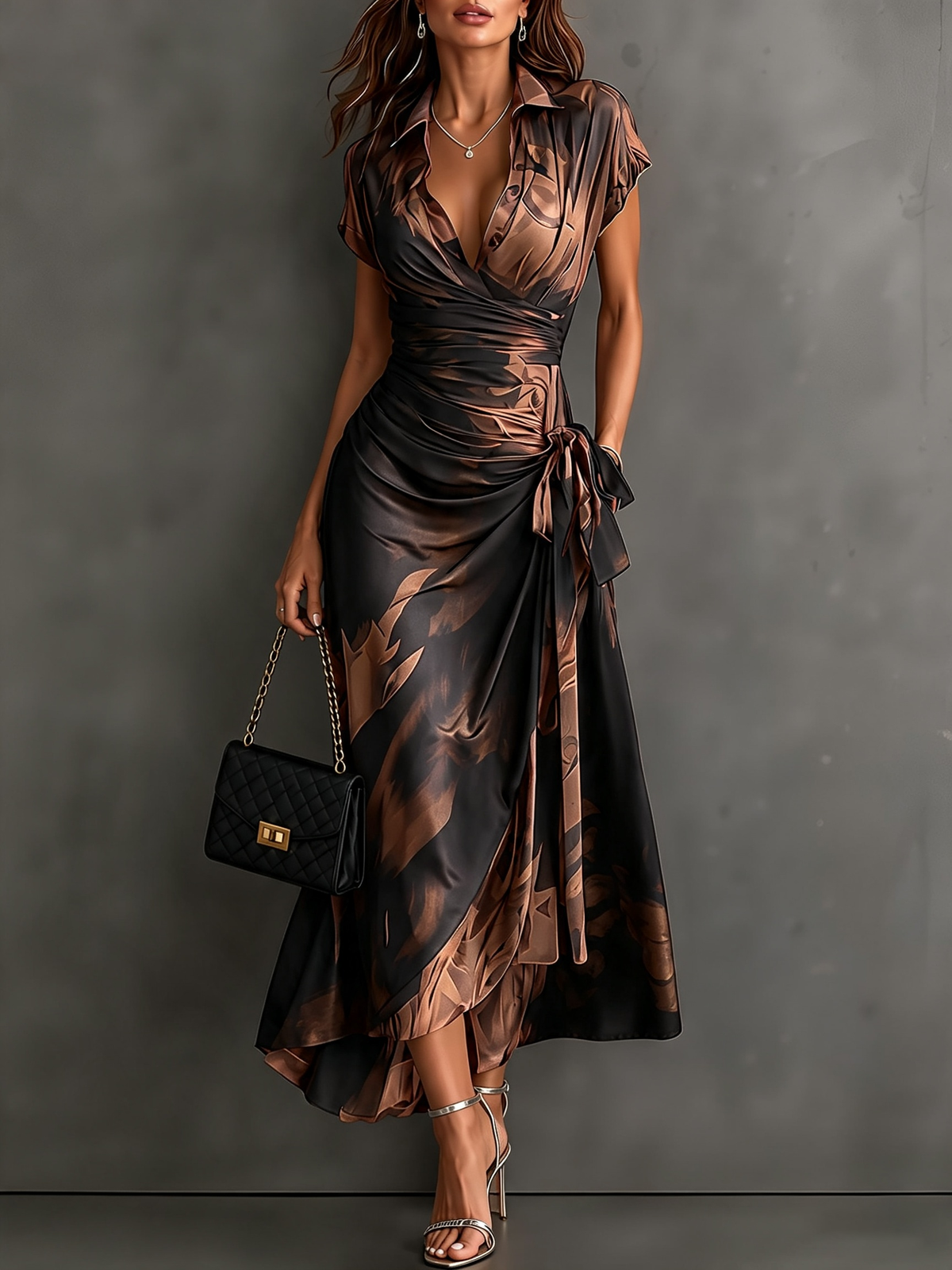 Abstract Print Collared Cap Sleeve Ruched Wrap Maxi Dress 8