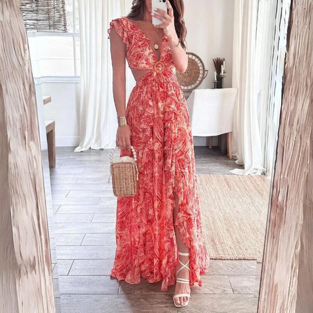 Paisley Print Deep V-Neck Flutter Sleeve Cut Out Maxi Dress
