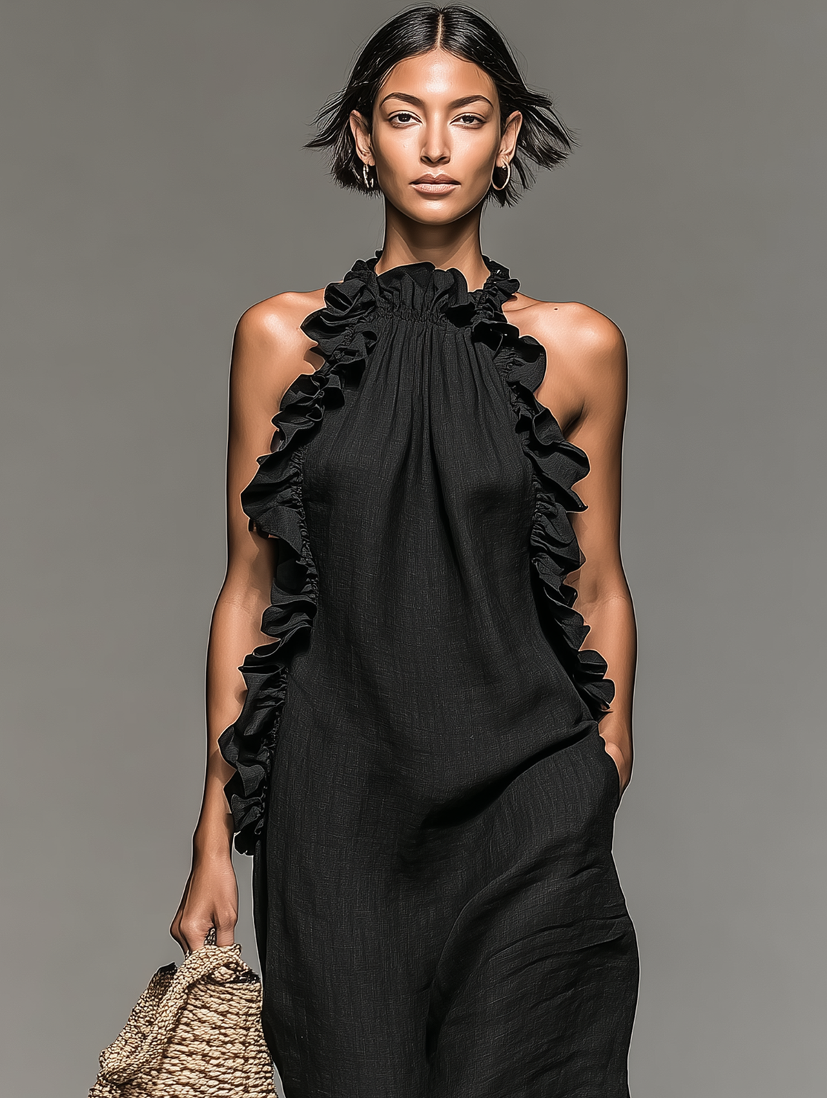 Ruffle Trim Halter Neck Sleeveless Maxi Dress 3