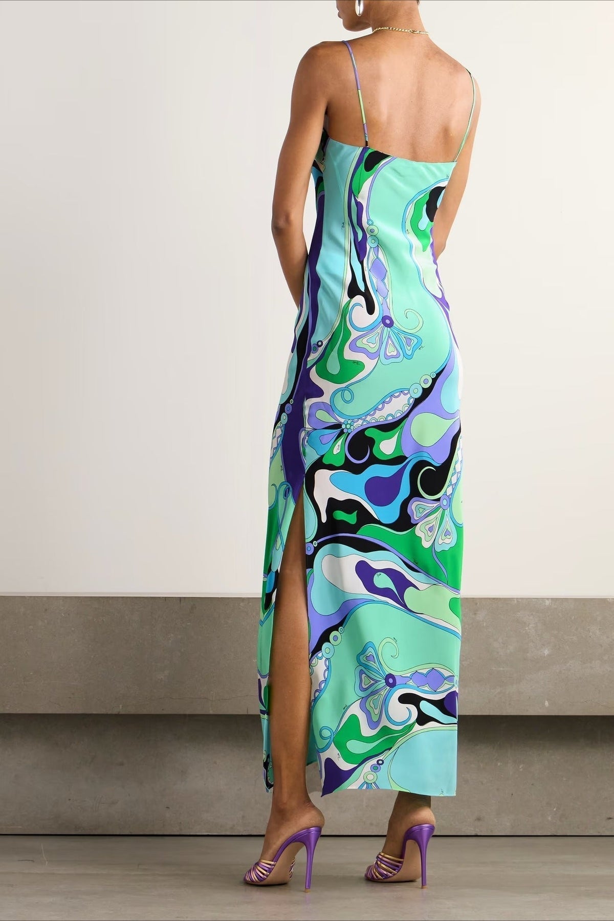 Spaghetti Strap Deep V-Neck Abstract Print Satin Slip Maxi Dress - View 9