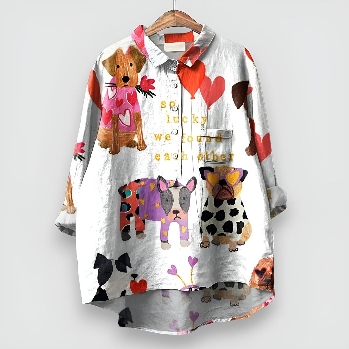 Dog Print Collared Long Sleeve Button Front High Low Shirt 5
