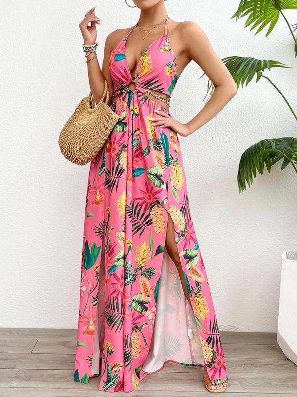 Tropical Floral Halter Deep V-Neck Cut Out High Split Maxi Dress
