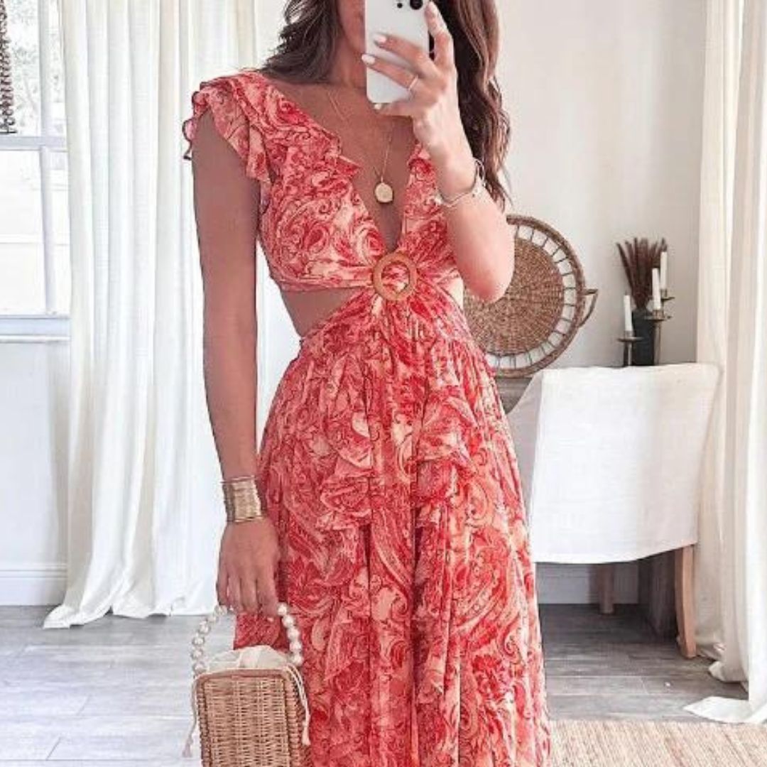 Paisley Print Deep V-Neck Flutter Sleeve Cut Out Maxi Dress - View 4