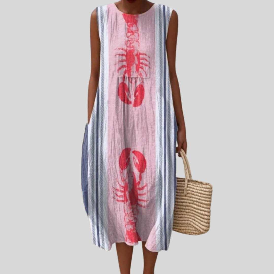 Round Neck Sleeveless Lobster Print Striped Midi Dress