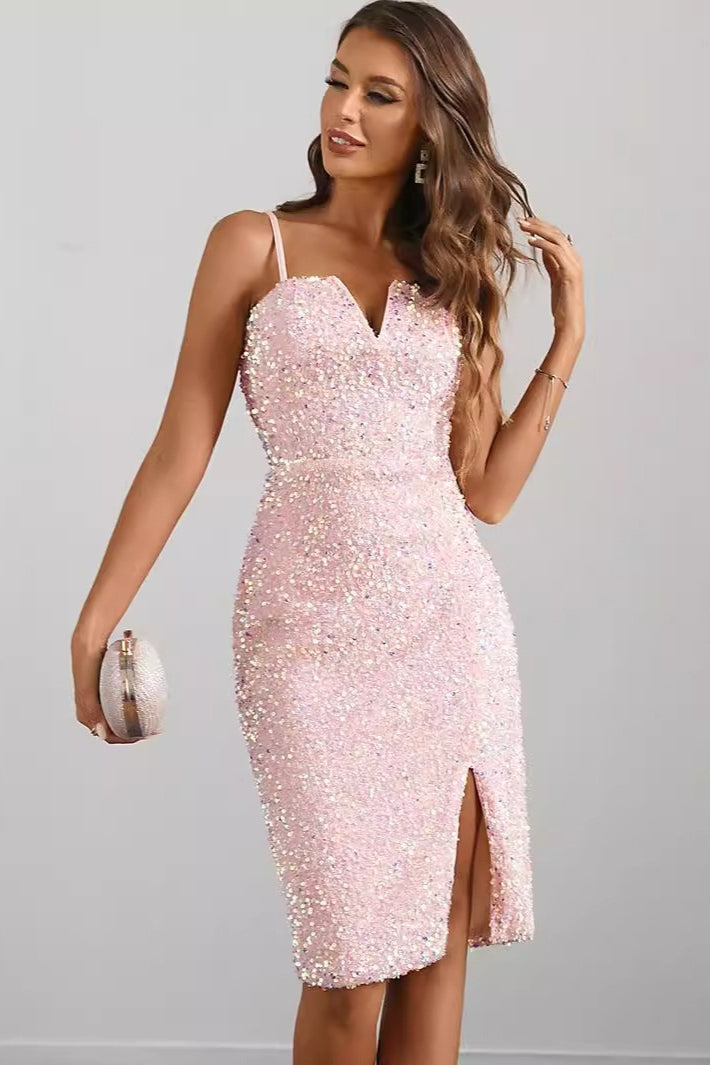 Sequin Sweetheart Spaghetti Strap High Split Bodycon Midi Dress - View 2