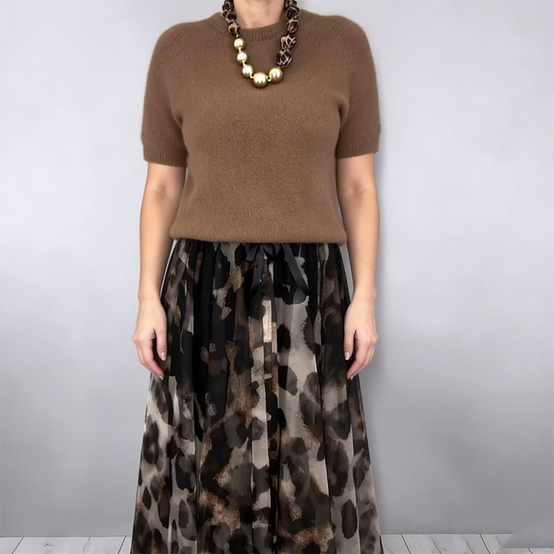 Short Sleeve Knit Top and Leopard Mesh Pleated Maxi Skirt Two Piece Set 3