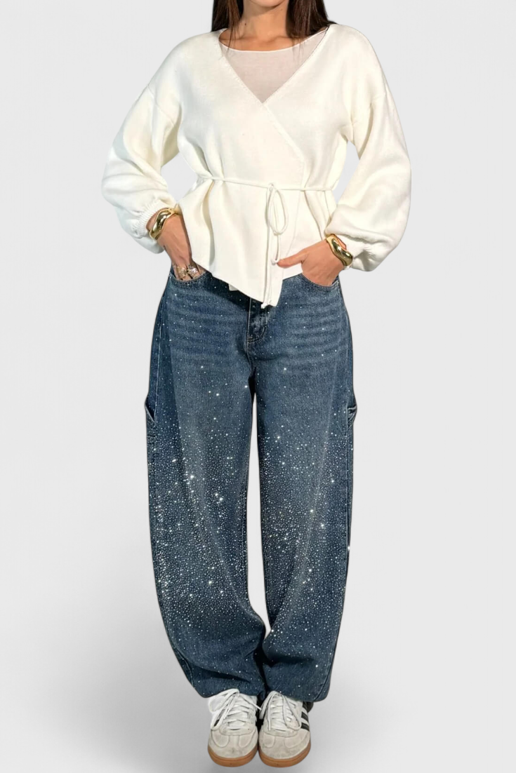 Rhinestone Embellished Wide Leg Cargo Jeans