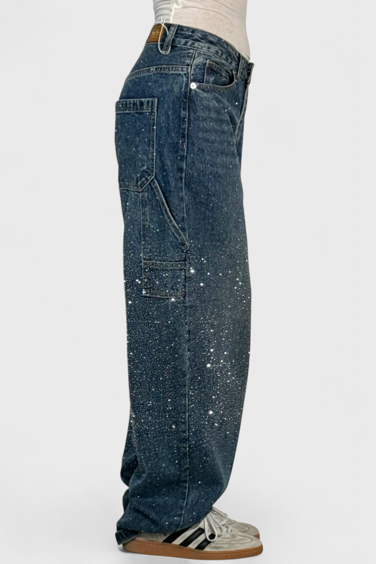 Rhinestone Embellished Wide Leg Cargo Jeans 2