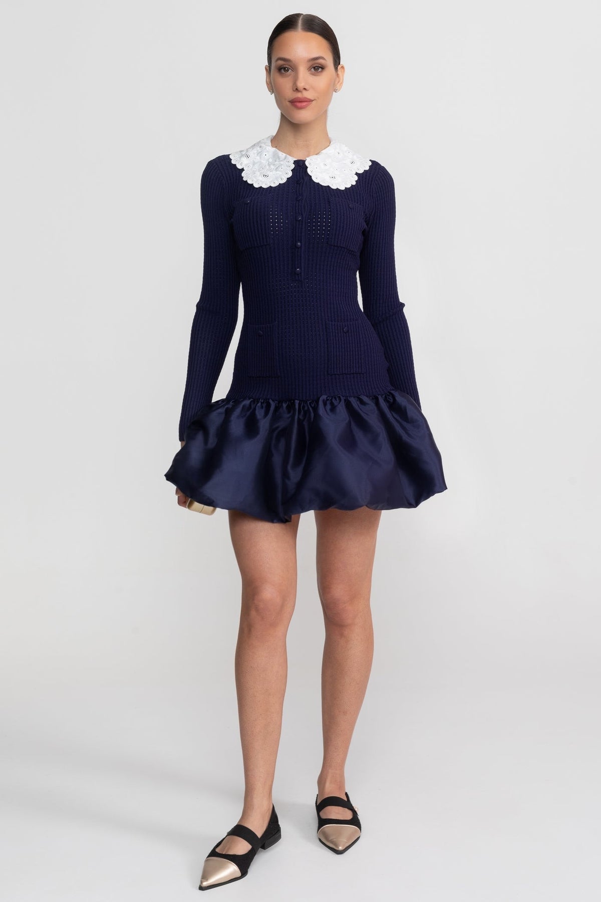 Knit Long Sleeve Mini Dress With Broderie Collar - Navy