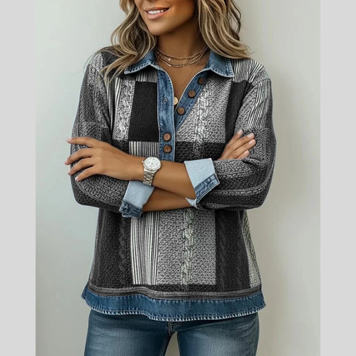Patchwork Plaid Collared Quarter Button Long Sleeve Knit Pullover 8