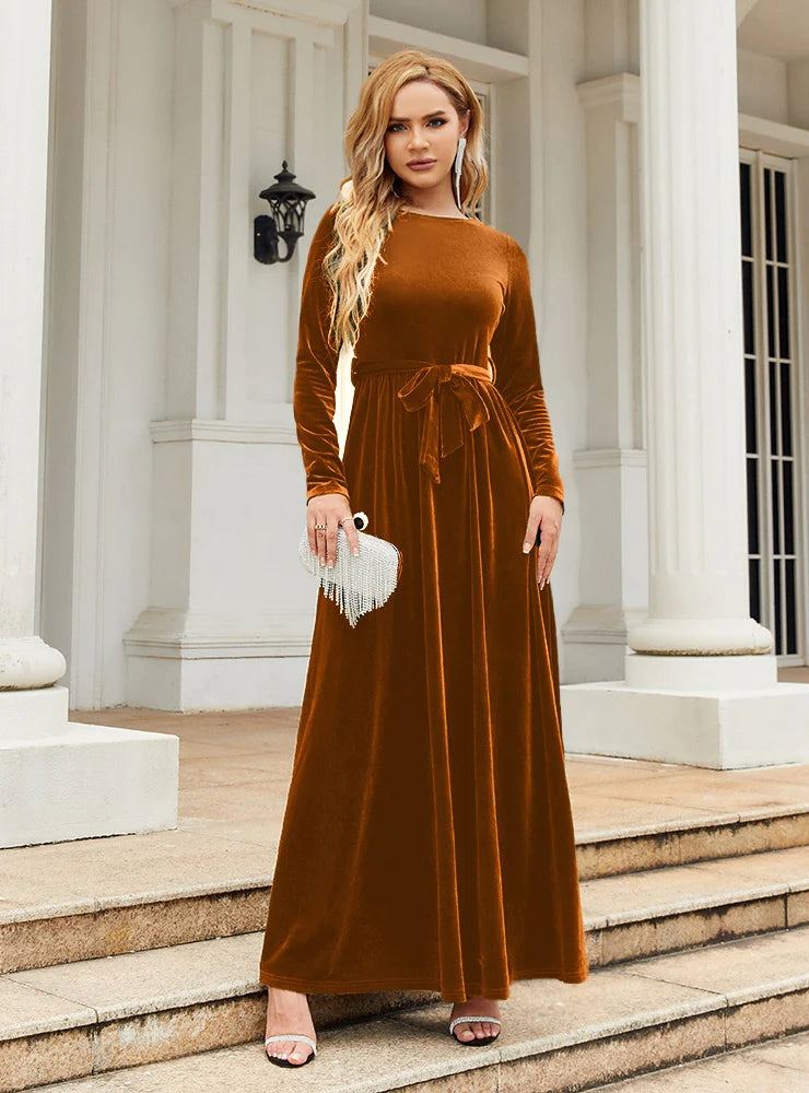 Round Neck Long Sleeve Belted Velvet Maxi Dress 7