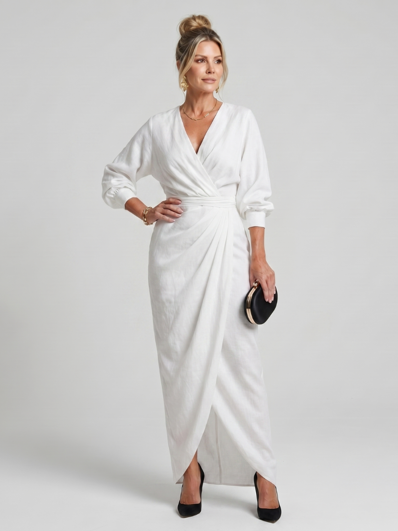 Wrap V-Neck Long Sleeve Ruched Draped Maxi Dress 6
