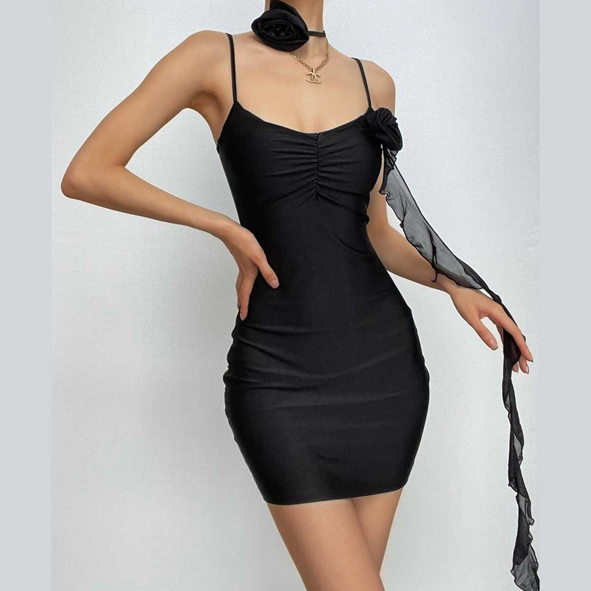 Satin V-Neck Flower Applique Ruched Bodycon Mini Dress