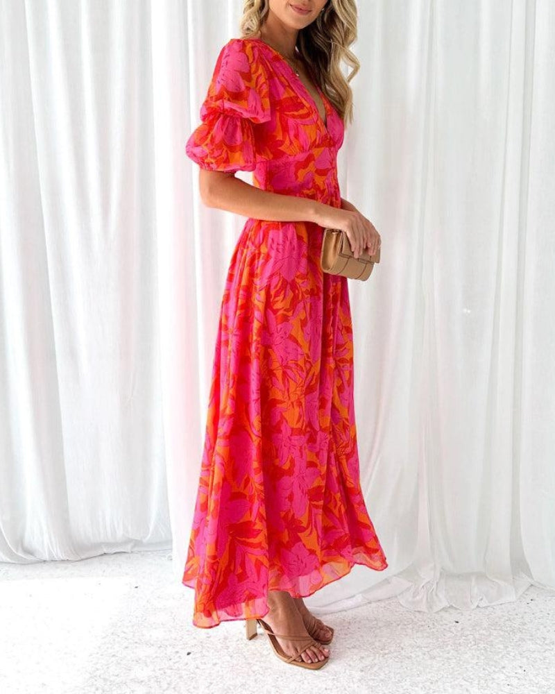 Floral Deep V-Neck Puff Sleeve High Split Maxi Dress 2