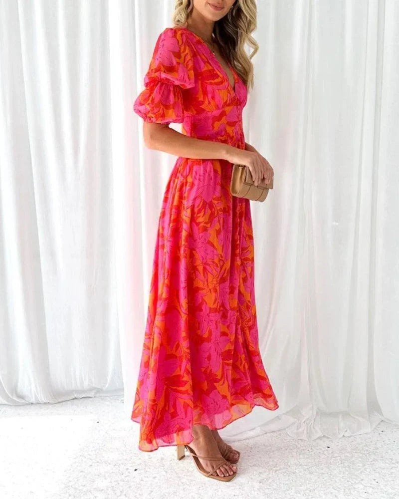 Floral Print V-Neck Puff Sleeve Button Front Maxi Dress 3