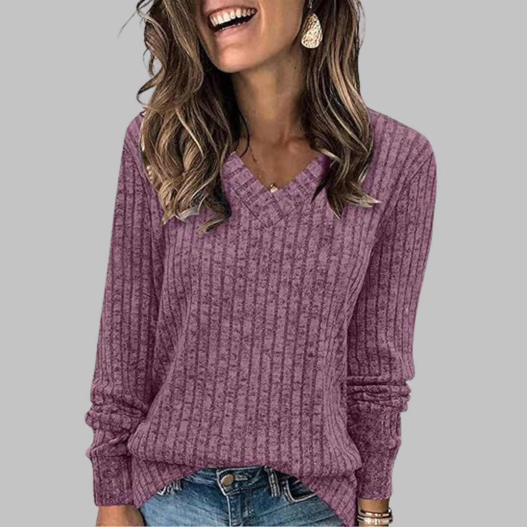 V-Neck Long Sleeve Ribbed Knit Sweater 12