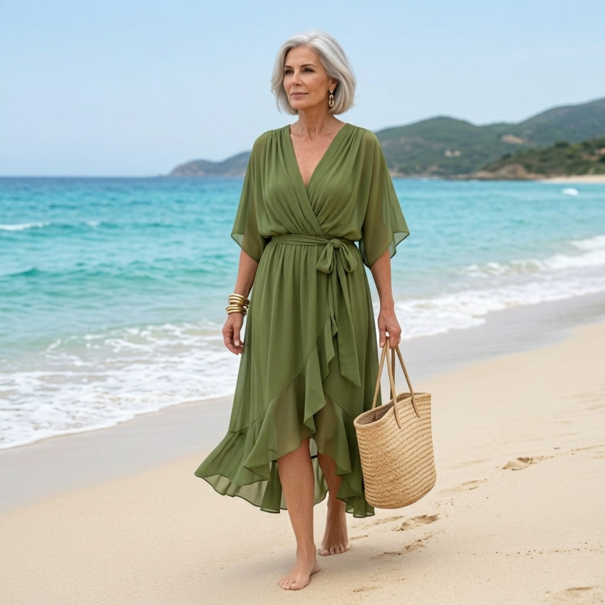 V-Neck Kimono Sleeve Belted High Low Wrap Maxi Dress
