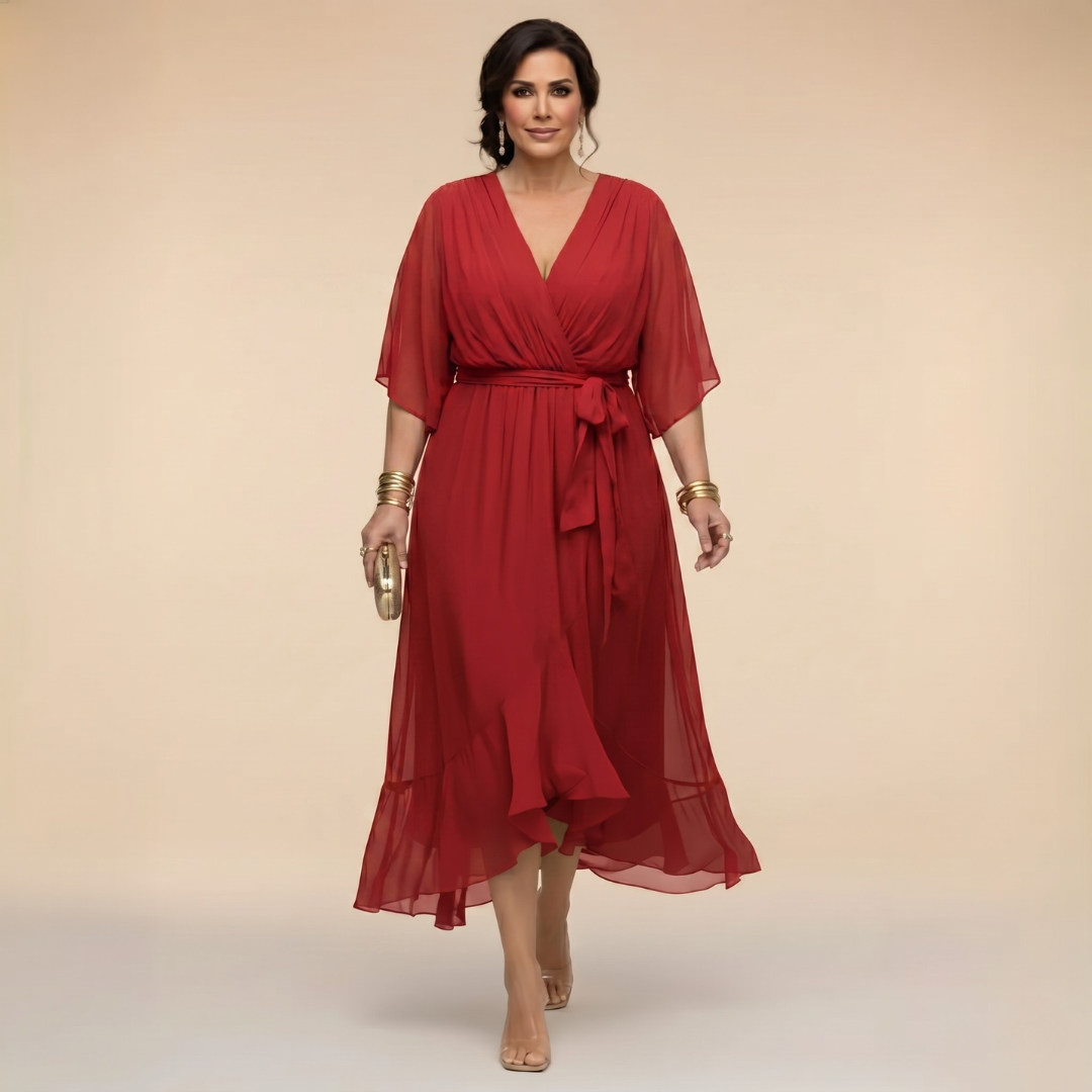 Deep V-Neck Flutter Sleeve Wrap Belted High Low Midi Dress 7