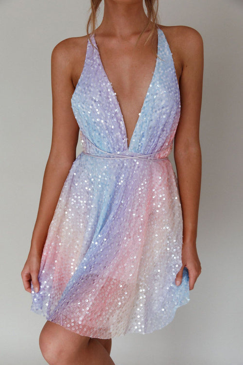 Sequin Deep V-Neck Backless A-Line Mini Dress - View 7