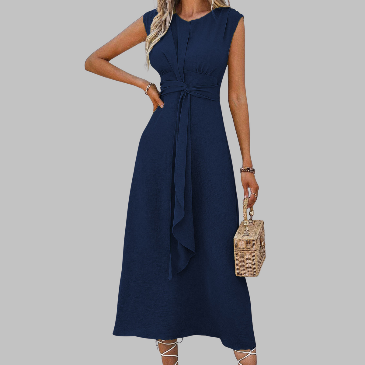 Sleeveless Round Neck Tie Waist A-Line Midi Dress 8