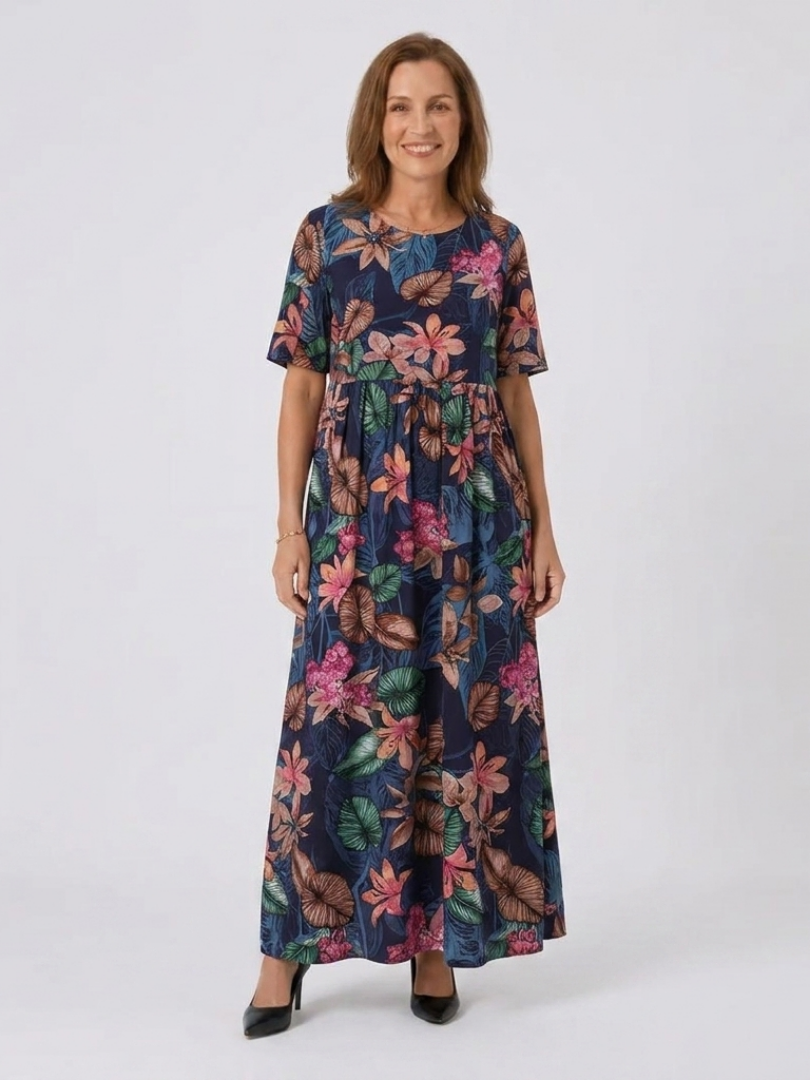 Tropical Floral Round Neck Short Sleeve Maxi Dress