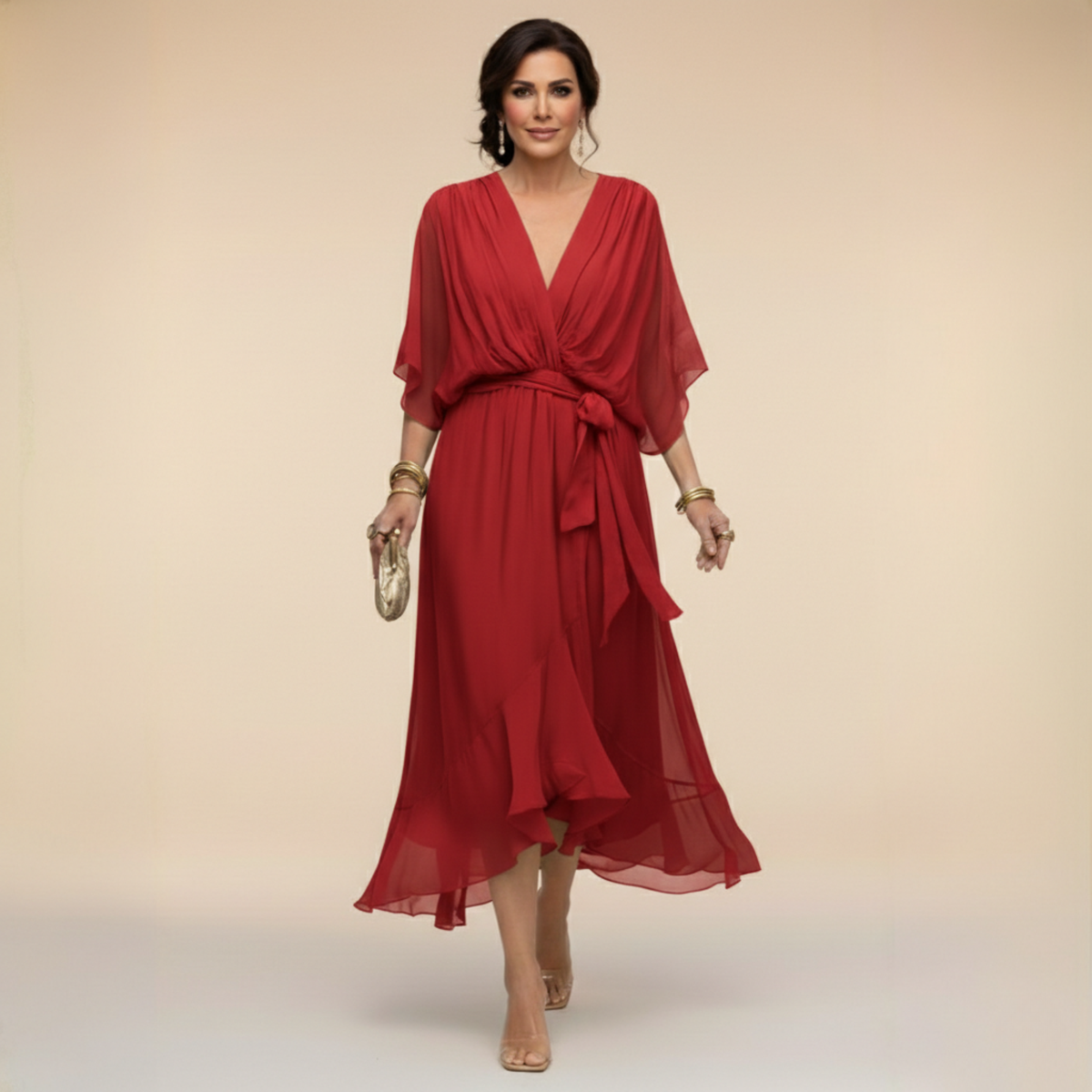 Chiffon Deep V-Neck Flutter Sleeve Tie Waist Ruffle Midi Dress 9