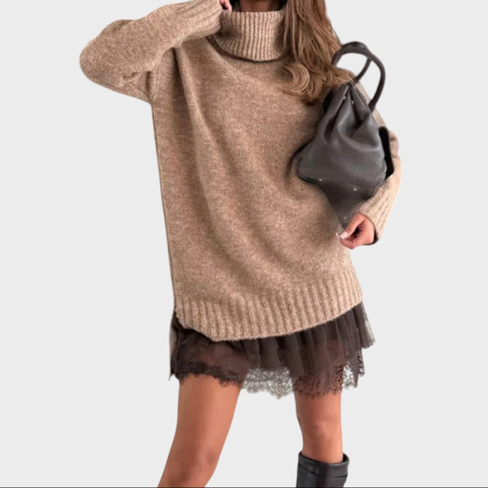 Turtleneck Oversized Sweater and Lace Slip Dress Two Piece Set 2